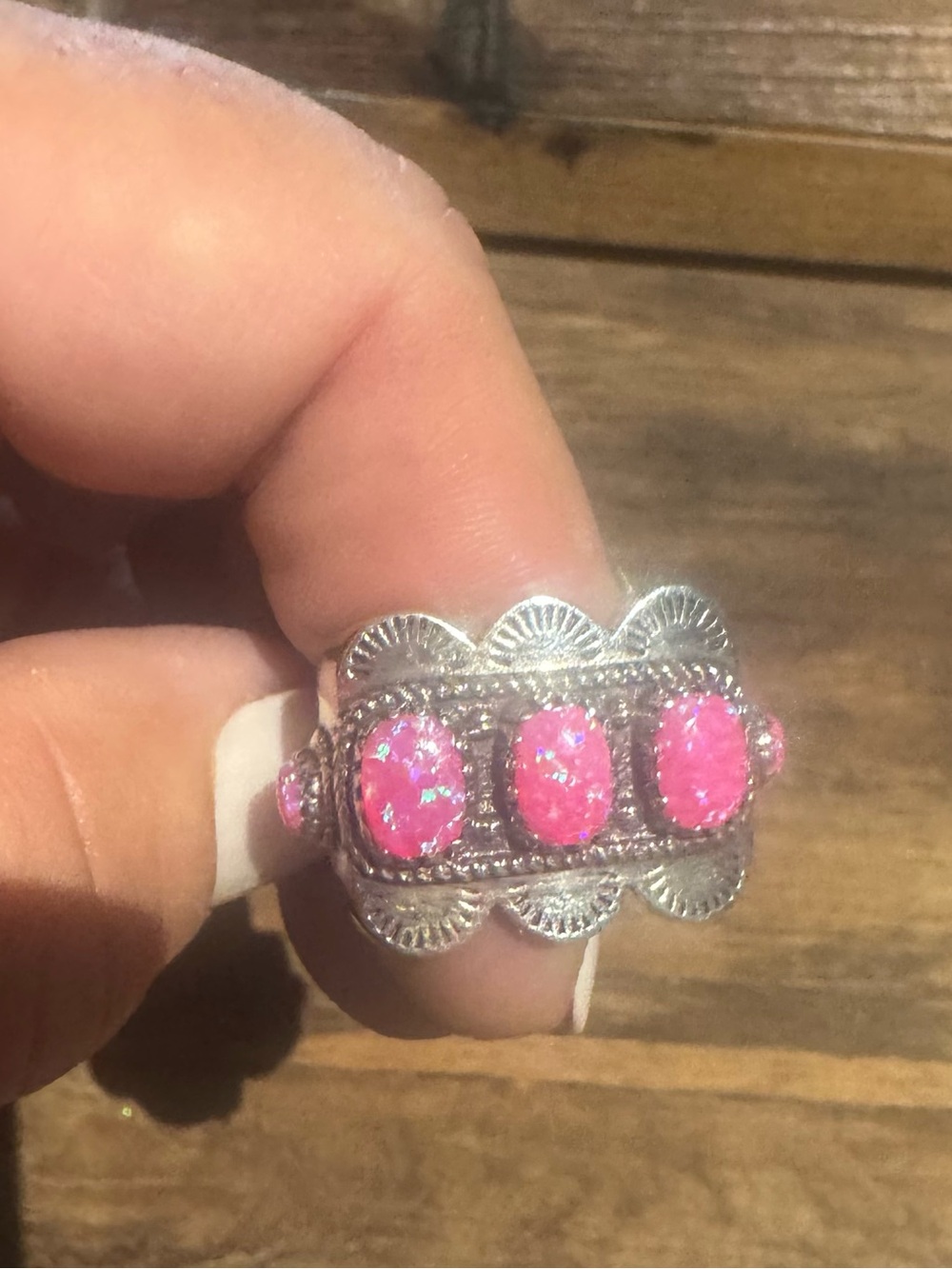 Silver hot Pink Opal Statement Ring